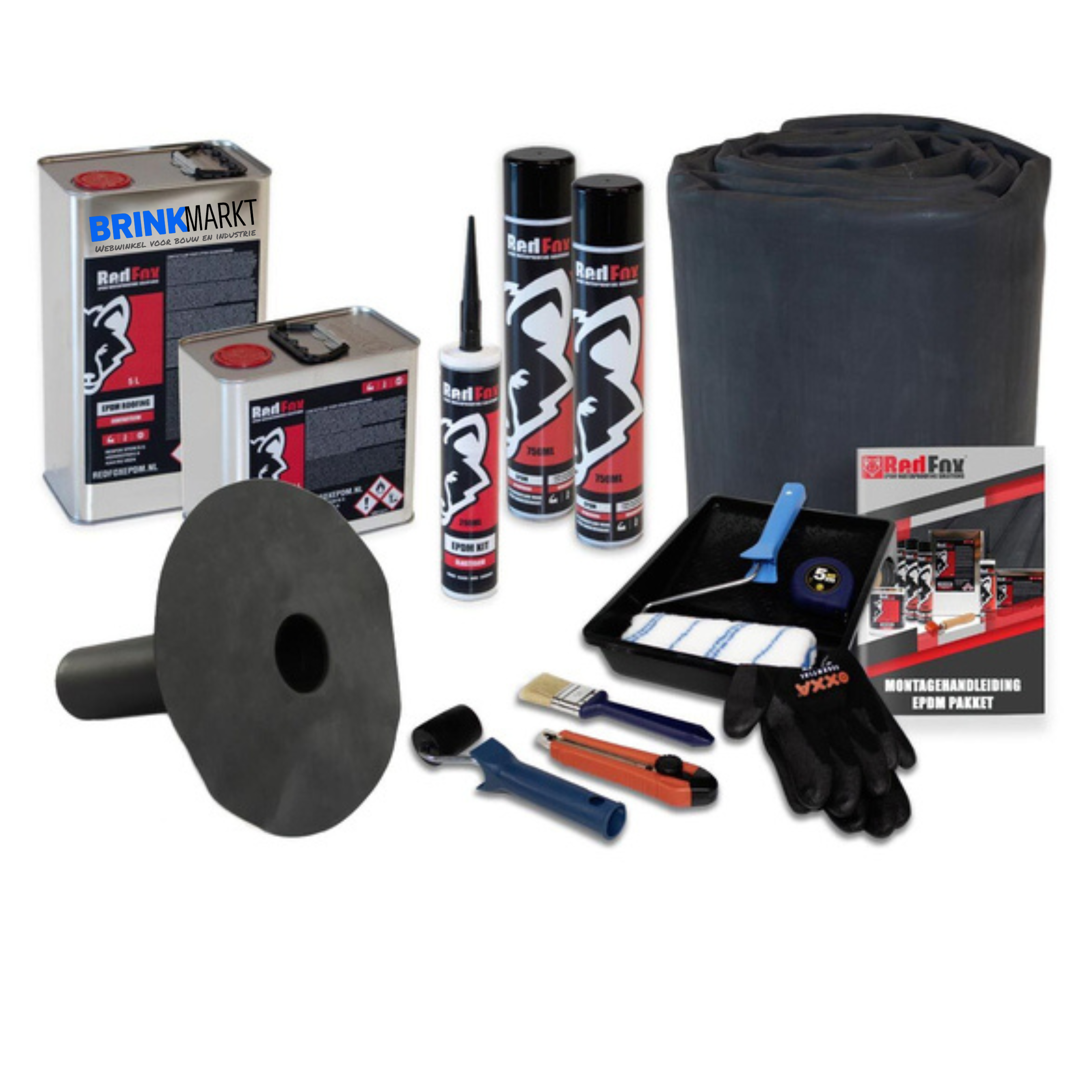 Compleet platdak pakket EPDM op rol 2,44 x 7,00 mtr  dik 1,14mm Zwart met onderuitloop en lijm toebehoren.-9506367953535