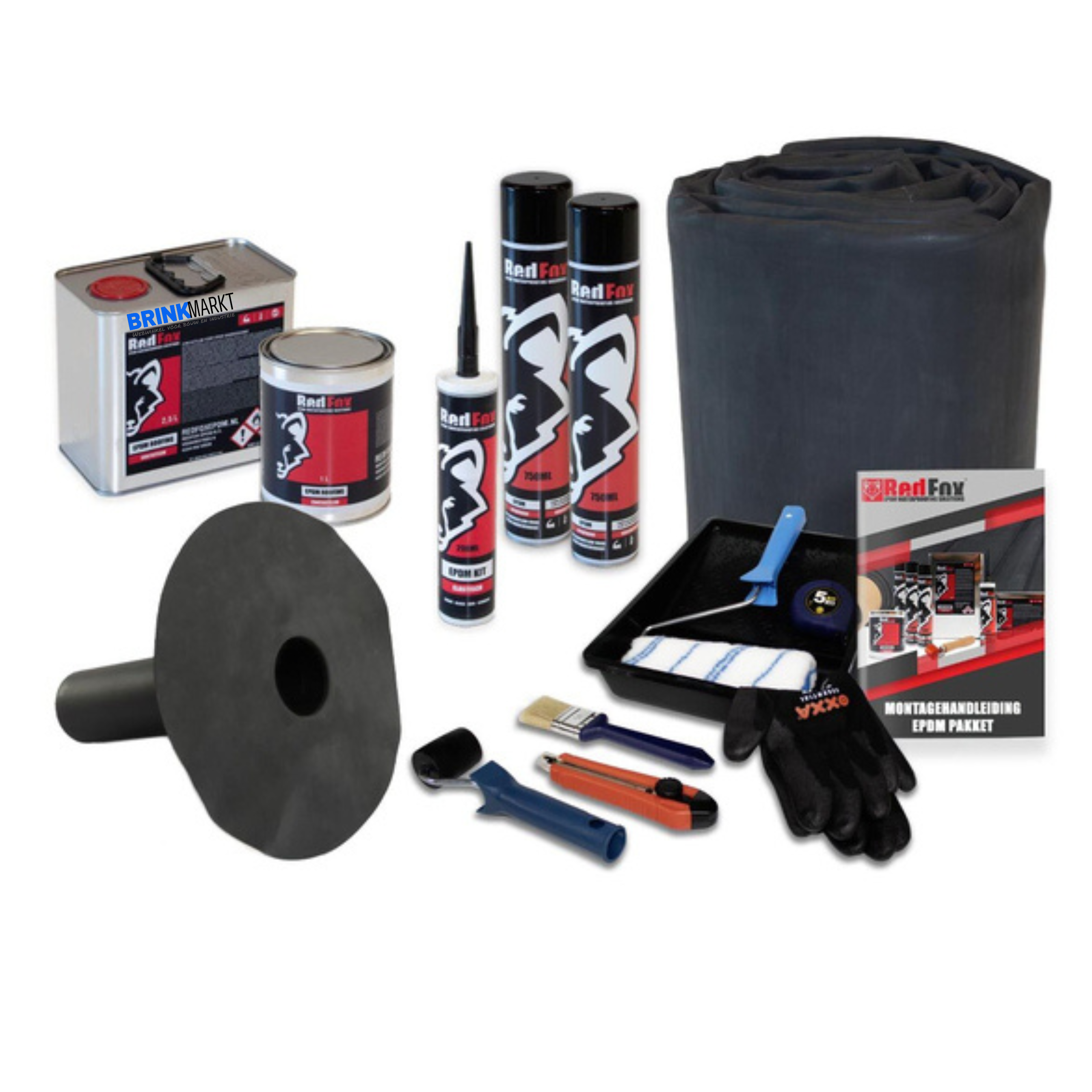 Compleet platdak pakket EPDM op rol 3,05 x 3,50mtr. dik 1,14mm Zwart met onderuitloop en lijm toebehoren.-9508376955890