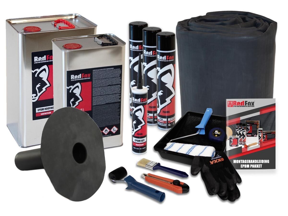 Compleet platdak pakket EPDM op rol 3,96 x10,00mtr. dik 1,14mm Zwart met onderuitloop en lijm toebehoren.-9506334135872