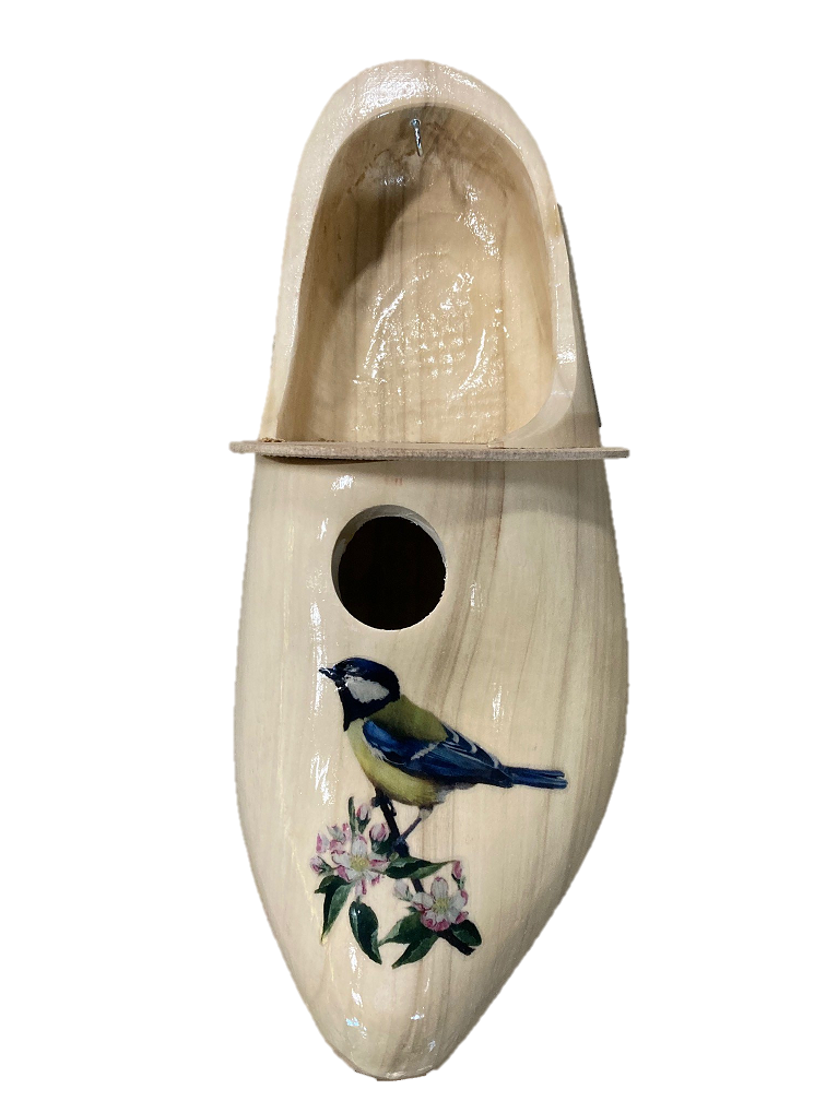 Vogelhuisje houten klomp blank gelakt  met vogel (koolmees)-9506451293721