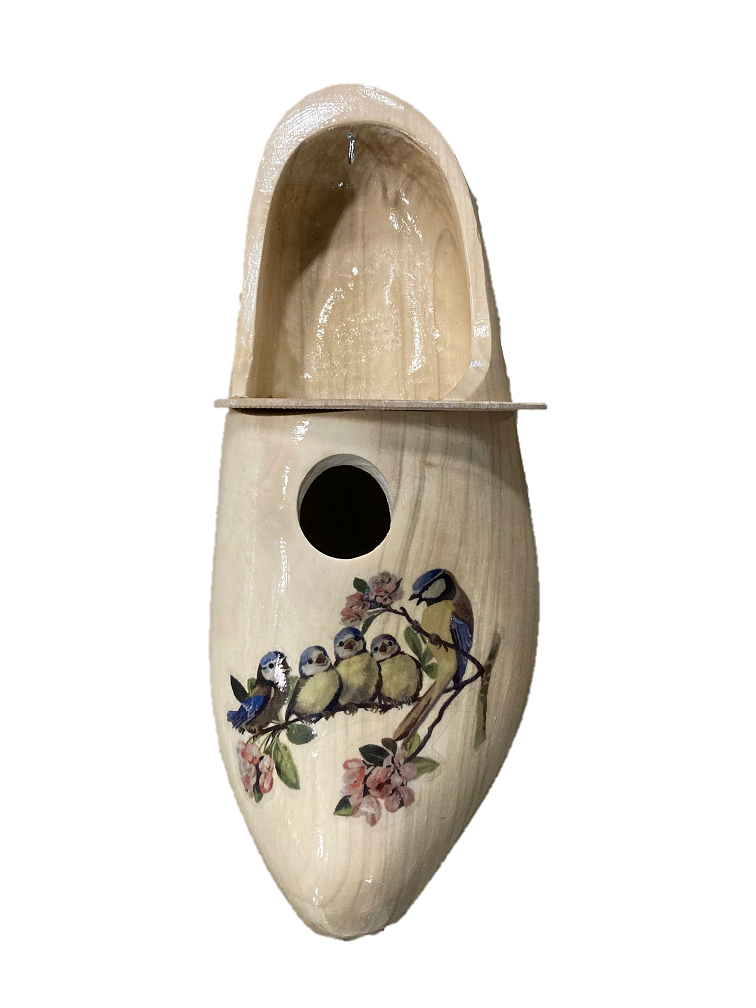 Vogelhuisje houten klomp blank gelakt  met vogels (pimpelmees)-9502839176228