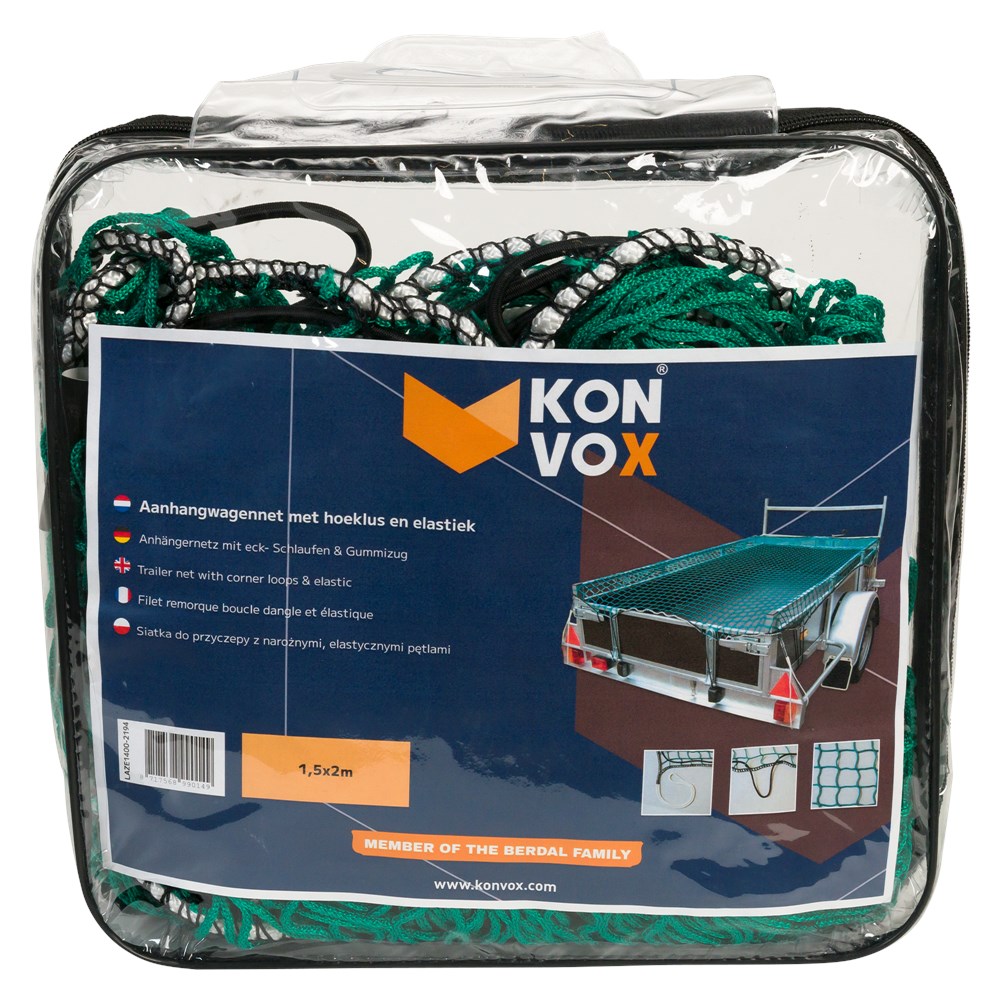 Konvox Aanhangwagennet met hoeklus en elastiek 1,5x2m Groen-8717568990149