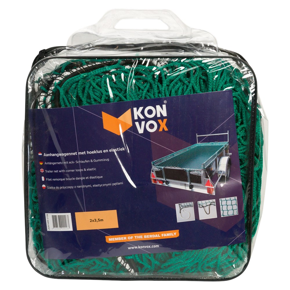 Konvox Aanhangwagennet met hoeklus en elastiek 2x3,5m Groen-8717568990163