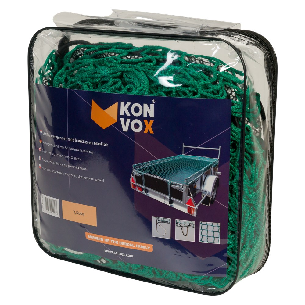 Konvox Aanhangwagennet met hoeklus en elastiek 2,5x4m Groen-8717568990170