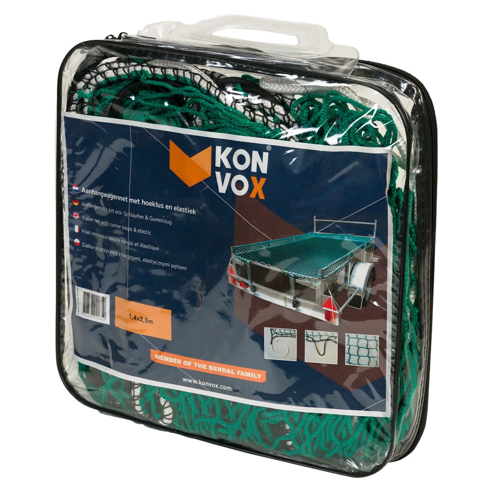 Konvox Aanhangwagennet met hoeklus en elastiek 1,4x2,5m Groen-8717568990859