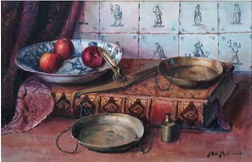 Schilderij van Peter Wilhelm Millenaar (1887-1978) Stilleven met Delfsblauwe kom en appels-9503686412262
